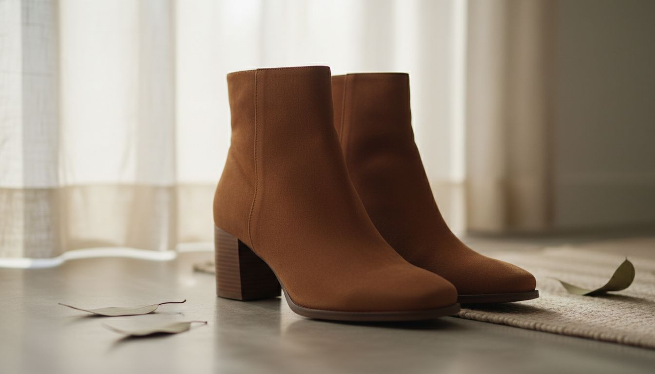 Крупный план ботильонов из коричневой замши с умеренным квадратным носом и устойчивым блочным каблуком.
