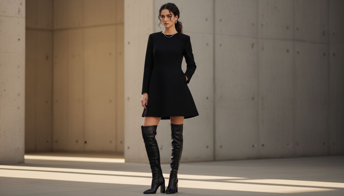 Женщина в черном шерстяном мини-платье A-Line, стоящая в полный рост, демонстрирующая идеальный баланс пропорций с высокими сапогами.