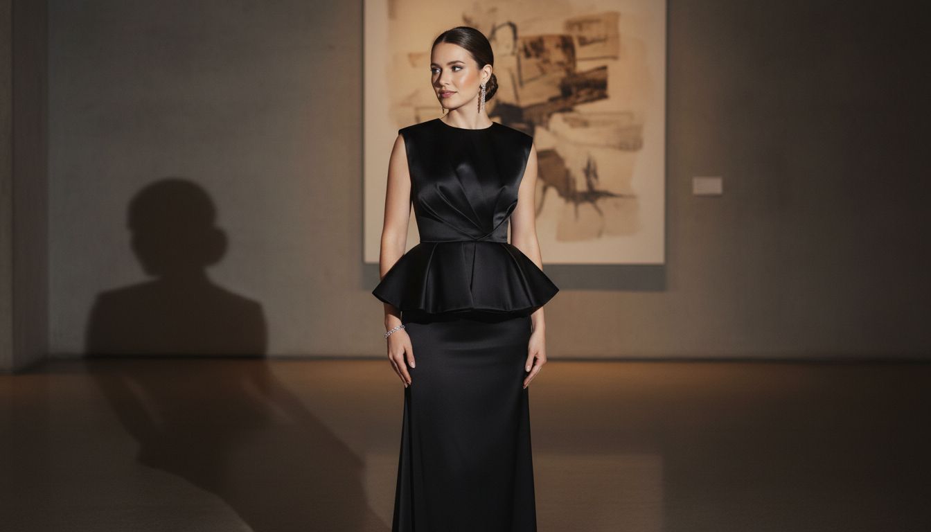 Вечерний образ: Модель в черном атласном топе со структурированной баской, подчеркивающей талию, и длинной юбке-колонне.