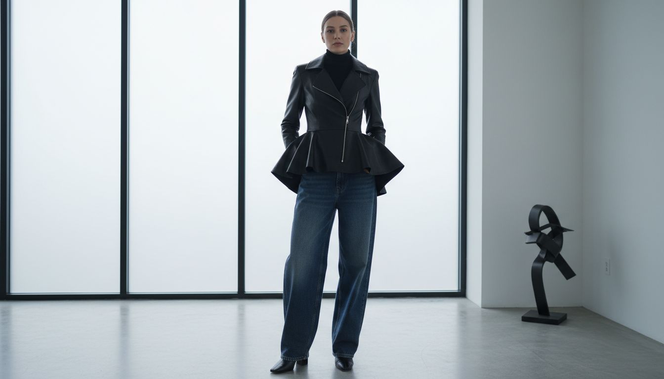 Стилизованный образ: Черный кожаный жакет с жесткой асимметричной баской, надетый поверх тонкого водолазки, в сочетании с широкими джинсами.