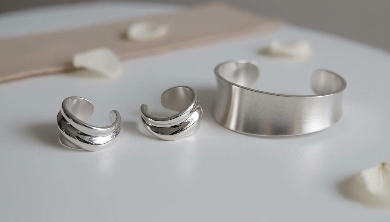 Несколько хромированных серебряных украшений - массивные серьги-каффы и браслет-манжета.