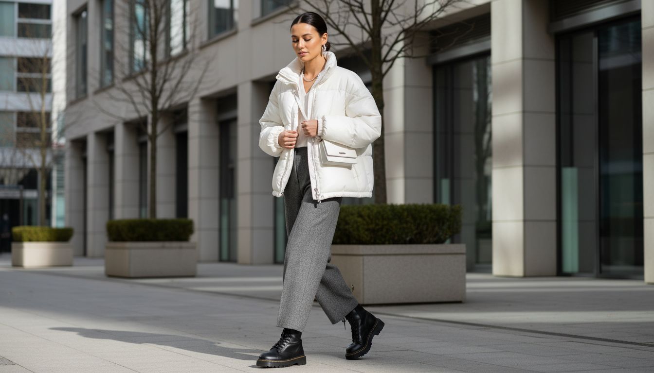 Девушка в объемном белом глянцевом пуховике, широких шерстяных брюках и массивных ботинках на шнуровке. Дневной городской образ.