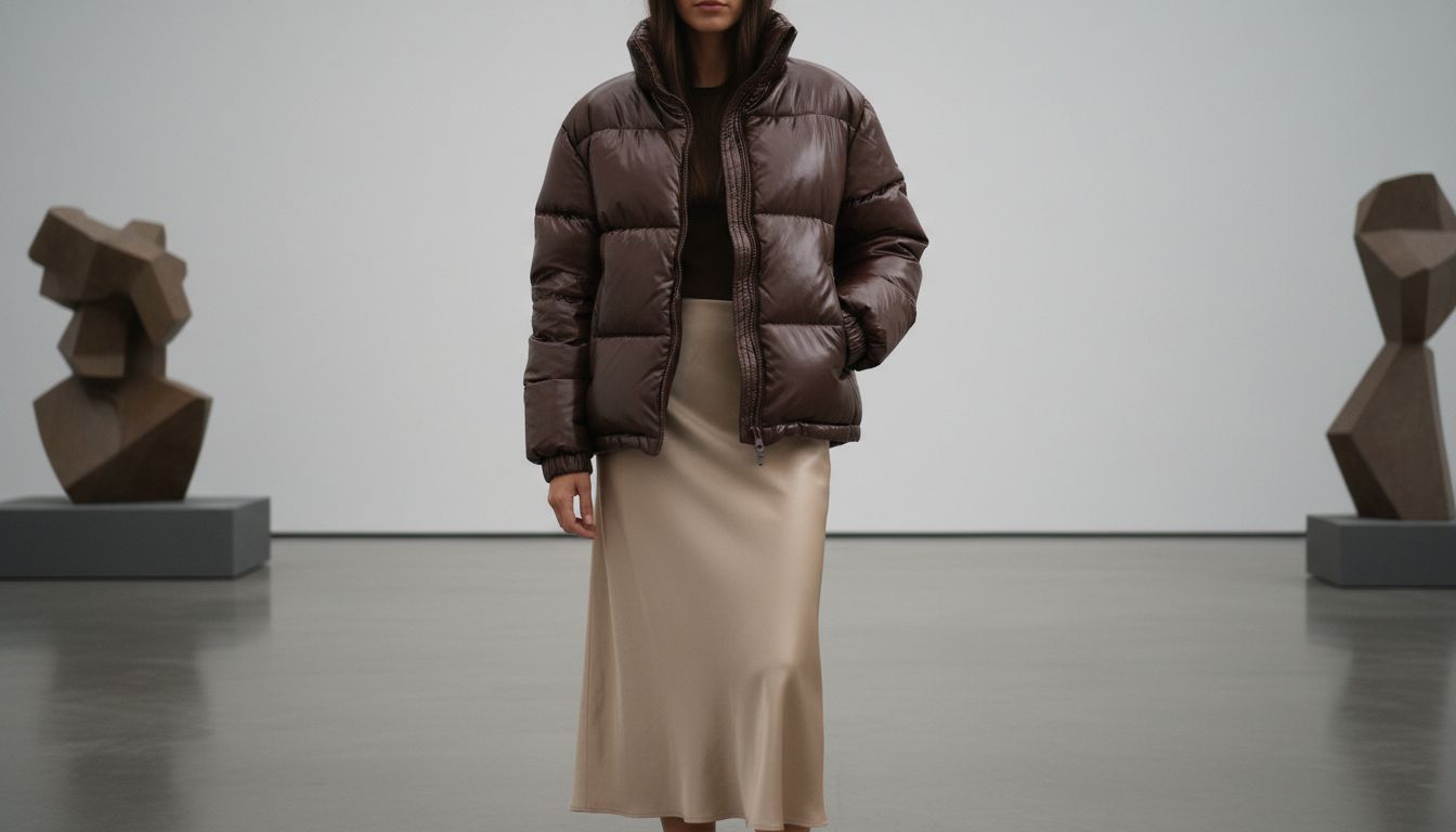 Стилизованный образ: глянцевый пуховик цвета глубокого шоколада, надетый с юбкой-миди из жидкого атласа.