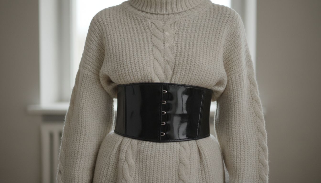 Крупный план на широкий корсетный ремень из лакированной кожи, перехватывающий объемный вязаный свитер с высоким горлом.