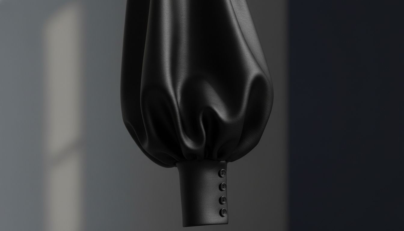 Крупный план рукава-баллона из плотной, глянцевой черной тафты, подчеркнутого узкой манжетой на запястье.