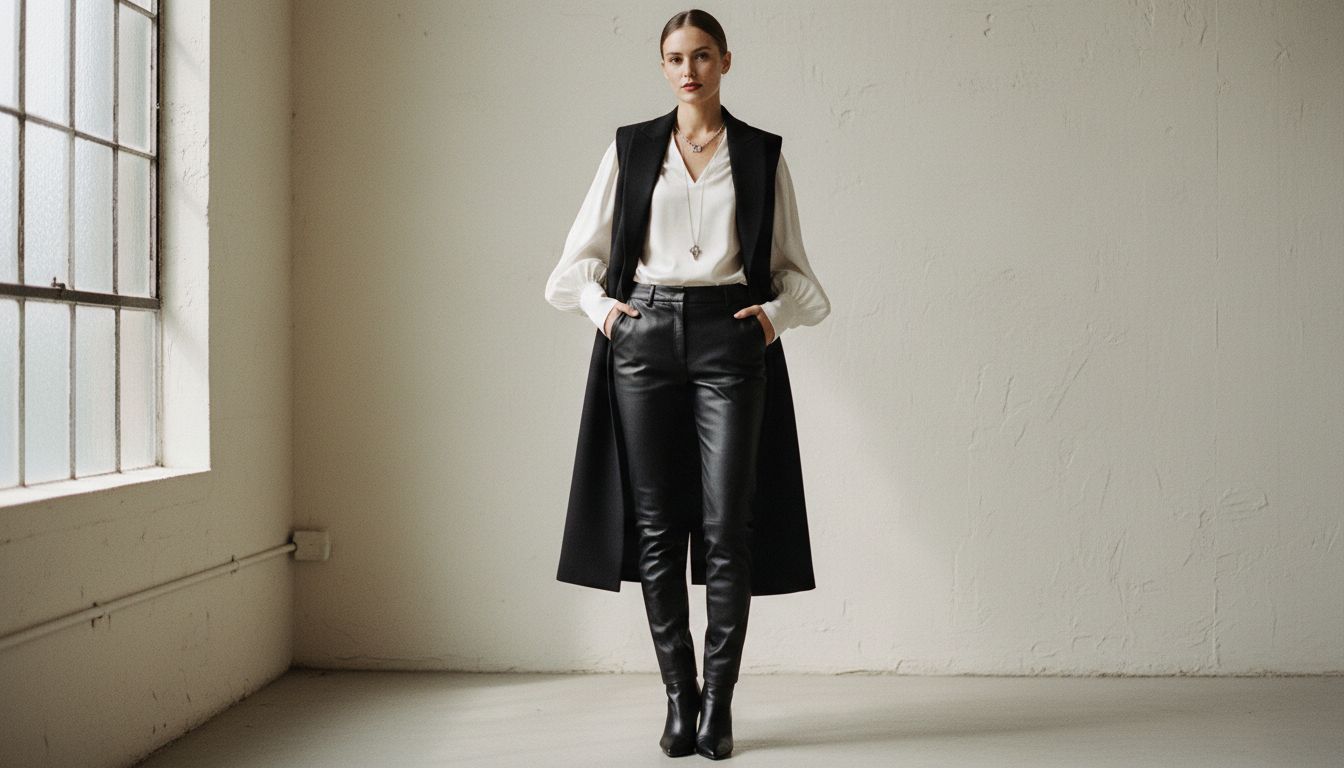 Стилизованный образ: белая блузка с рукавами-баллонами, надетый поверх длинного черного шерстяного жилета-смокинга и узких кожаных брюк.