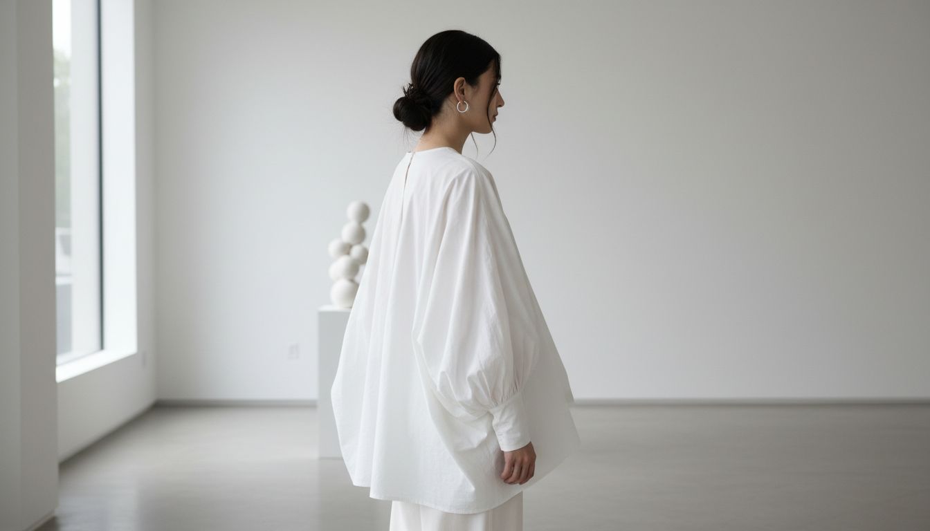 Женщина в свободной белой блузке из плотного хлопка с объемными рукавами, стоящая в профиль, демонстрируя форму баллона.
