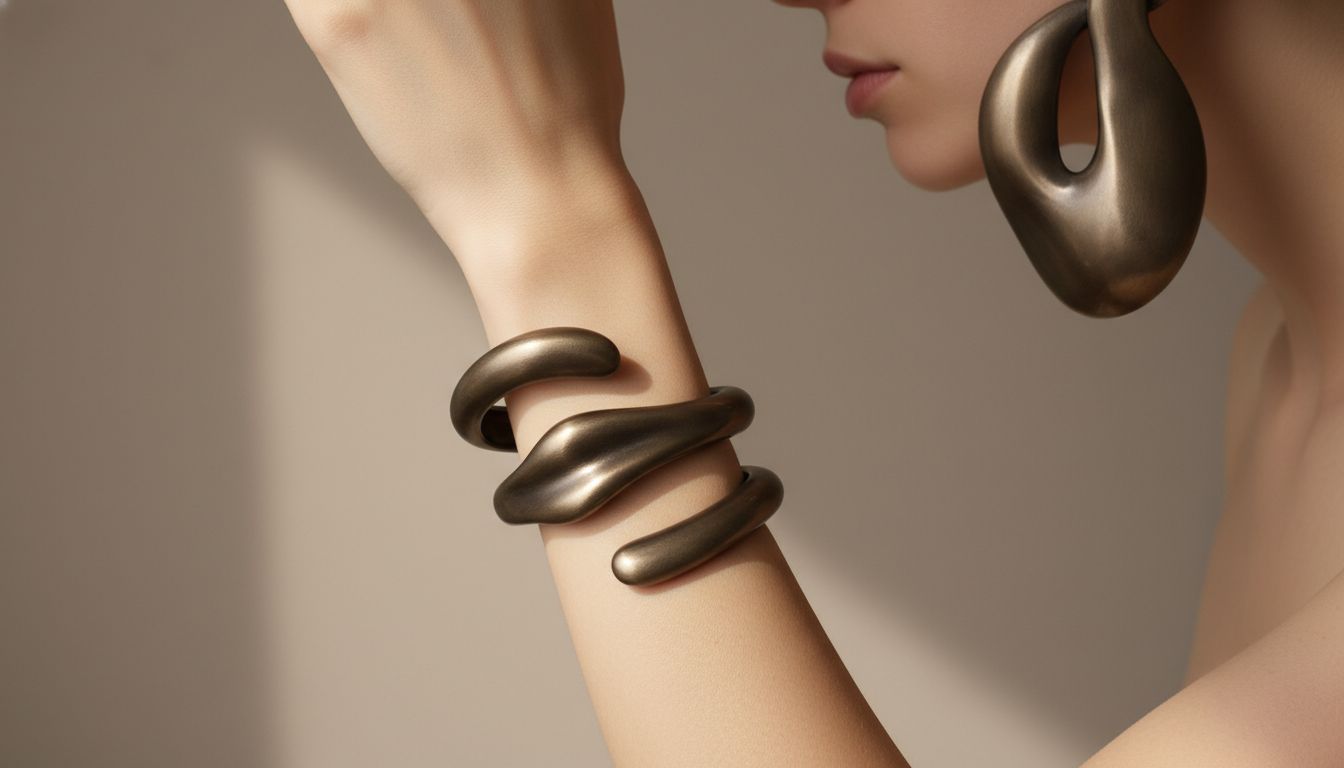 Набор массивных скульптурных украшений - браслет-манжета и крупные серьги - выполненных из матового металла оттенка темной бронзы.