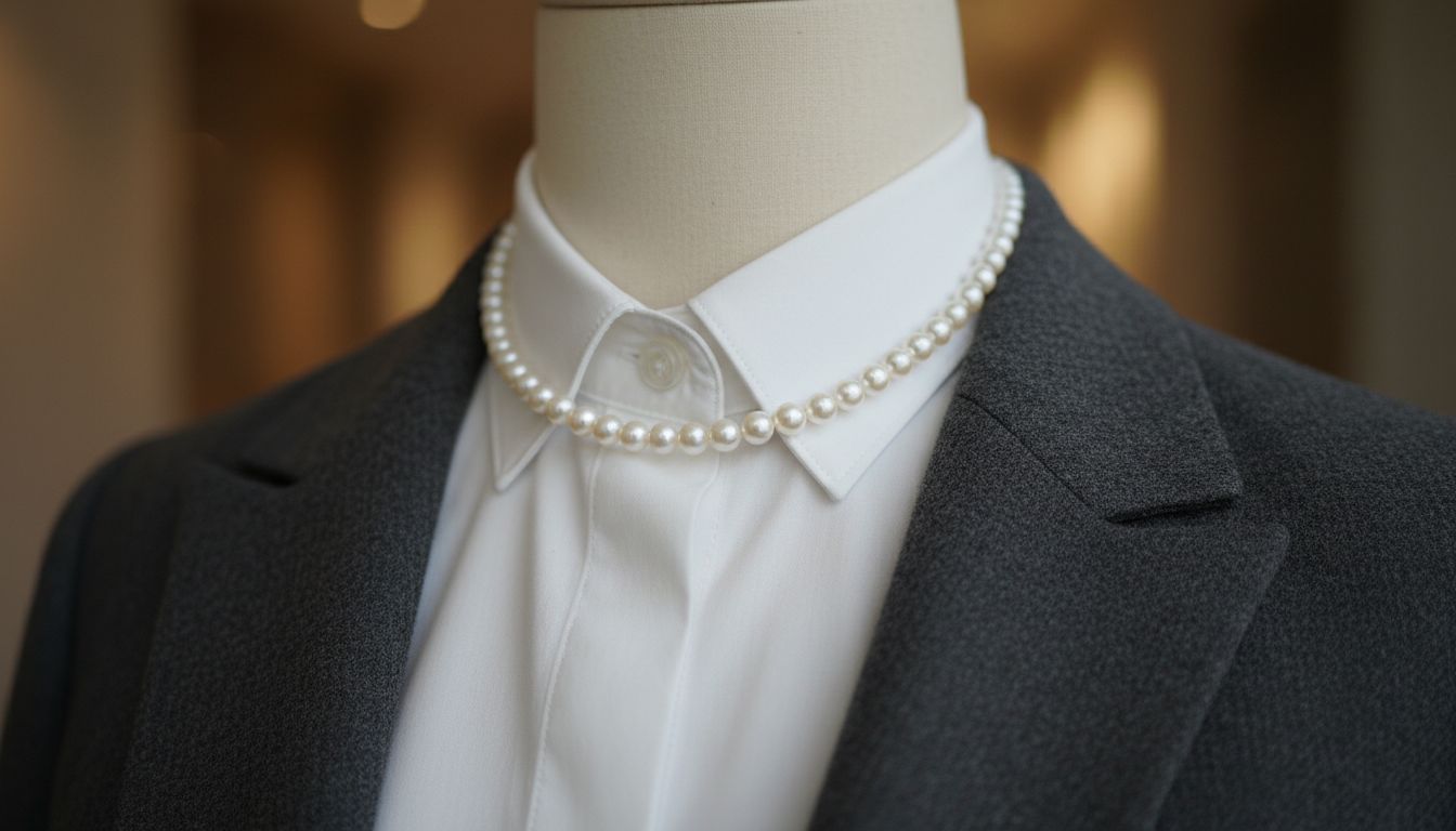 Крупный план жемчужного чокера, который идеально лежит на воротнике рубашки, застегнутой на все пуговицы, под строгим шерстяным жакетом.