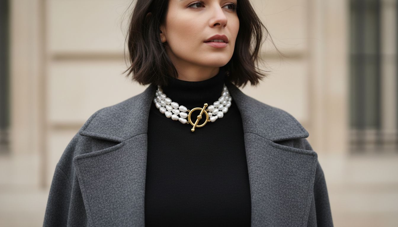 Девушка в черной водолазке и сером шерстяном пальто, под распахнутым воротником которого виден массивный жемчужный чокер с крупной золотой застежкой-тогглом.