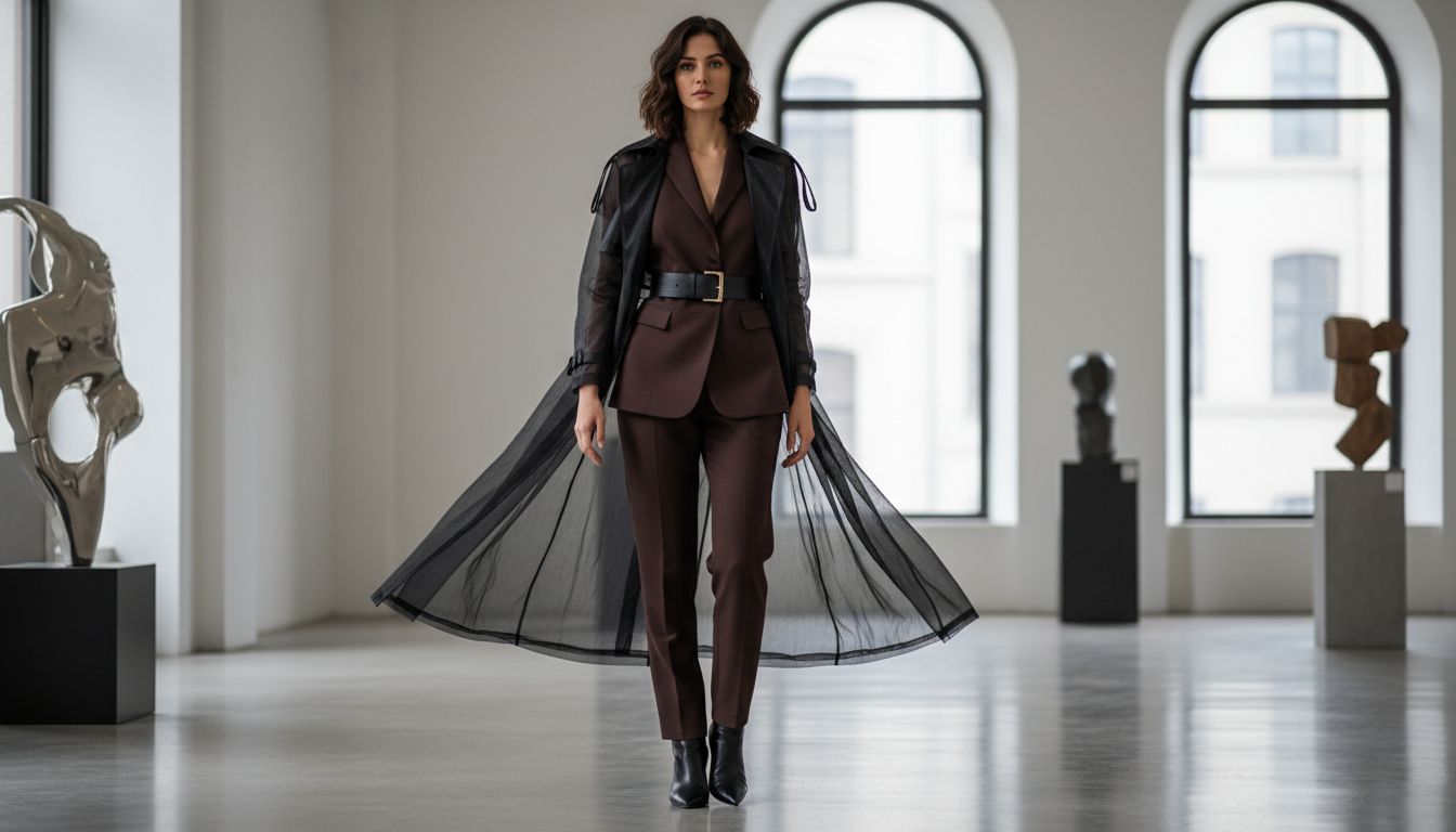 Девушка в брючном костюме цвета «глубокий шоколад», поверх которого надет полупрозрачный плащ из черной органзы. На талии- широкий кожаный ремень.