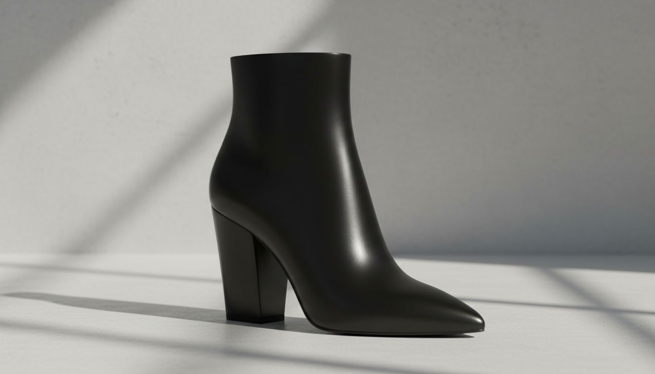 Крупный план элегантных черных ботильонов на скрытом клине с острым носом, демонстрирующий монолитность формы.