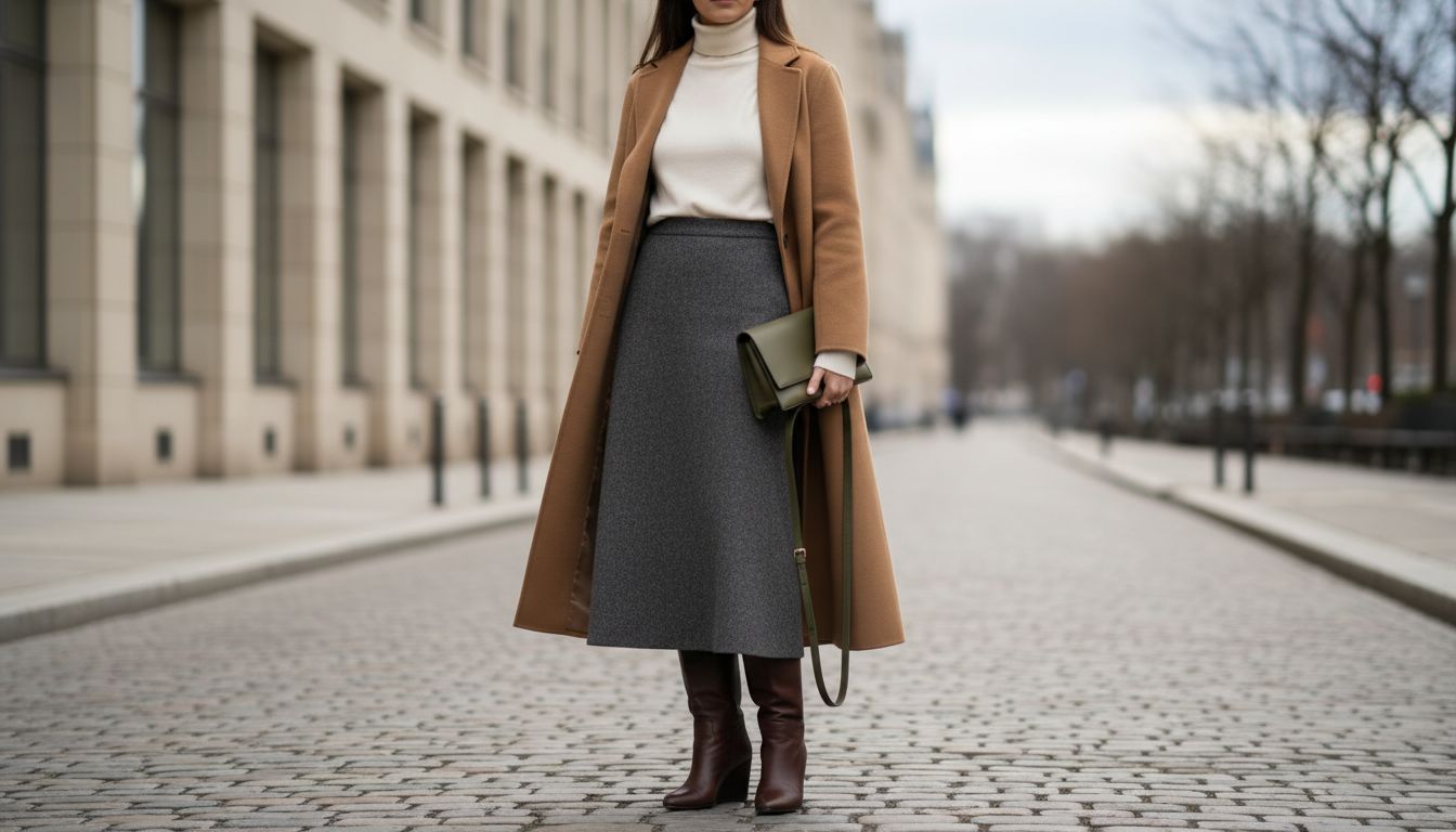 Девушка в длинной юбке-миди из плотной шерсти и высоких сапогах на скрытом клине, демонстрирующая гармонию вертикальных линий.