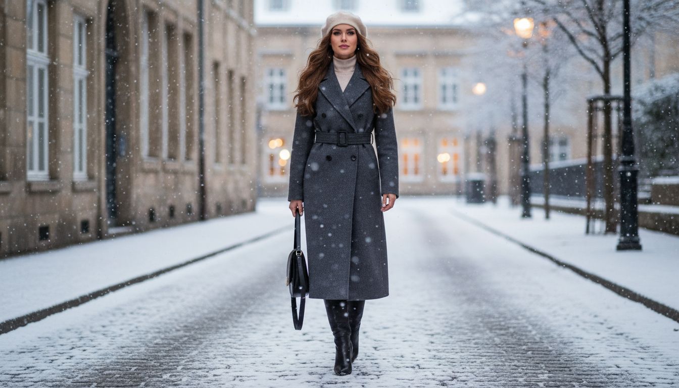 Модель, идущая по заснеженной улице в длинном шерстяном пальто и высоких сапогах на скрытом клине, излучающая уверенность.