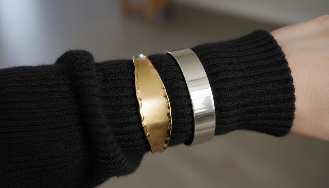 Крупный план двух массивных браслетов-каффов - один из матового золота, другой из полированного серебра - надетых поверх черного шерстяного свитера.
