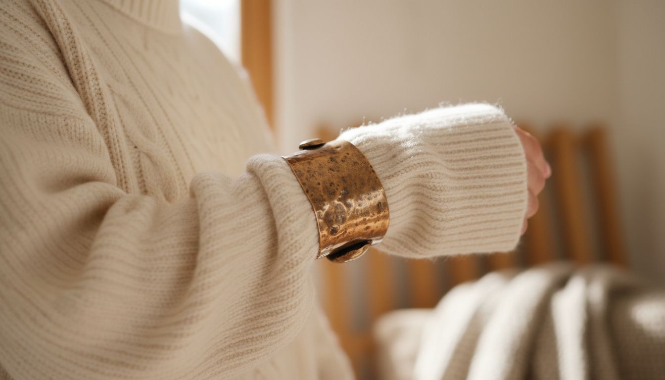 Стилизованный образ: кашемировый свитер с высоким воротом и широким рукавом, зафиксированный на предплечье массивной манжетой из бронзового металла.