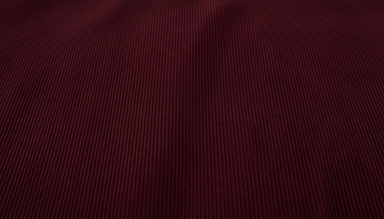 Детальный снимок ткани: крупный рубчик вельвета глубокого бордового оттенка.