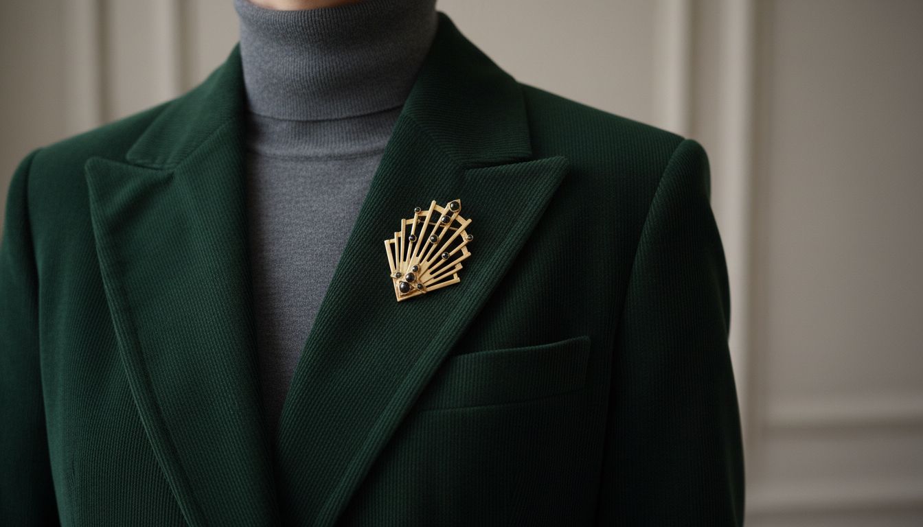 Строгий вельветовый жакет, надетый поверх тонкой водолазки, с акцентной массивной брошью на лацкане.