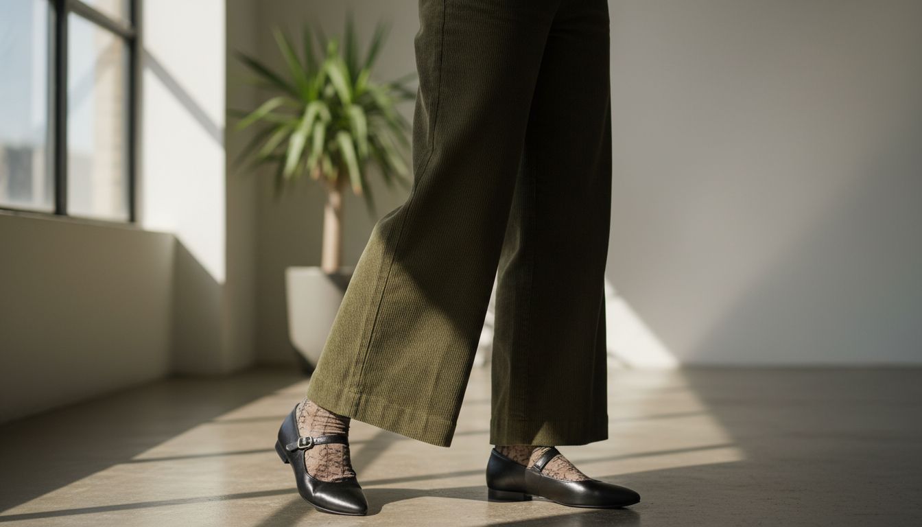 Широкие брюки-палаццо из вельвета, стилизованные с остроносыми туфлями Мэри-Джейн.