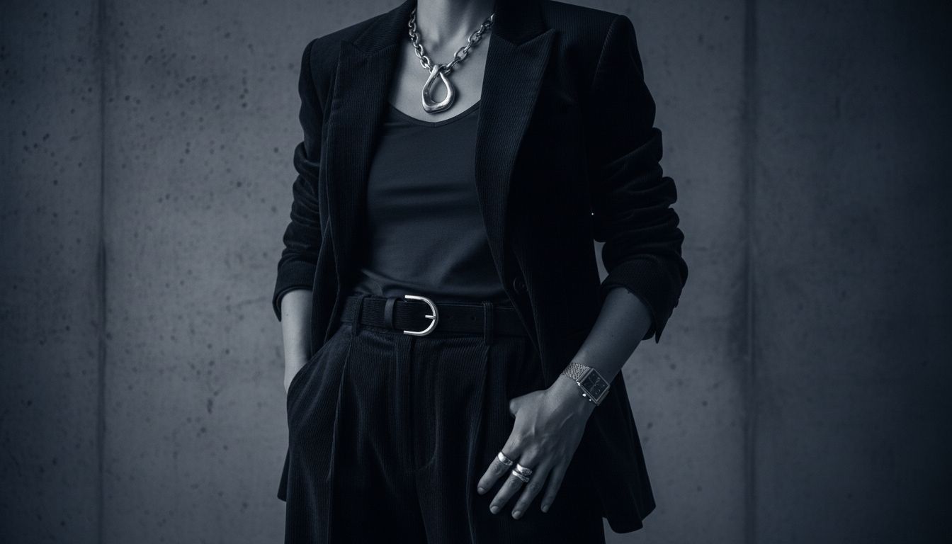 Монохромный образ в темно-синем вельвете, дополненный металлическими аксессуарами.