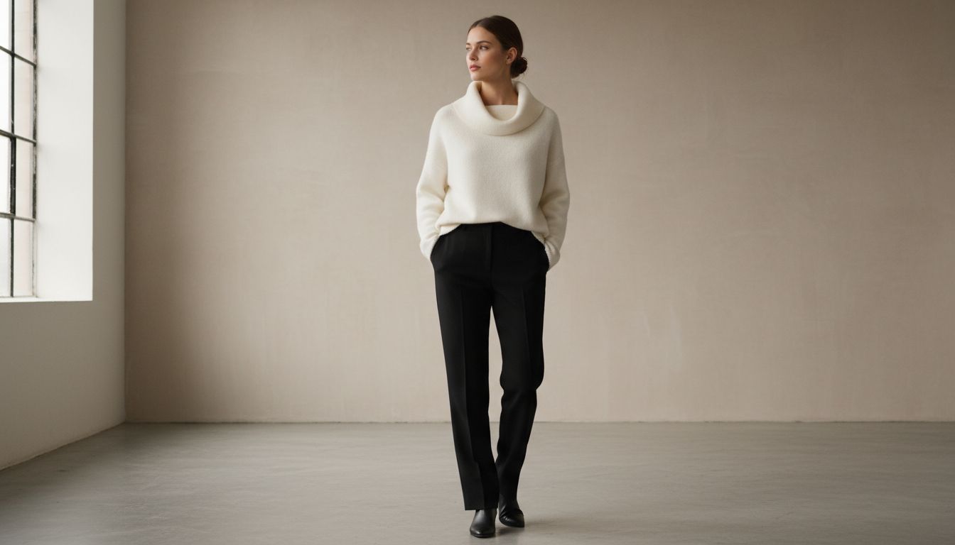 Женщина в молочно-белом объемном свитере с крупным воротником-качели и строгих черных шерстяных брюках.