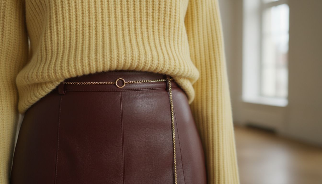 Крупный план сочетания фактур: свитер Pale Butter Yellow в рубчик и кожаная юбка оттенка Oxblood.