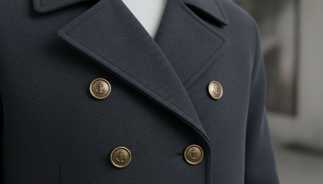 Крупный план на лацканы и металлические пуговицы двубортного бушлата, демонстрирующий плотность ткани и строгую геометрию.