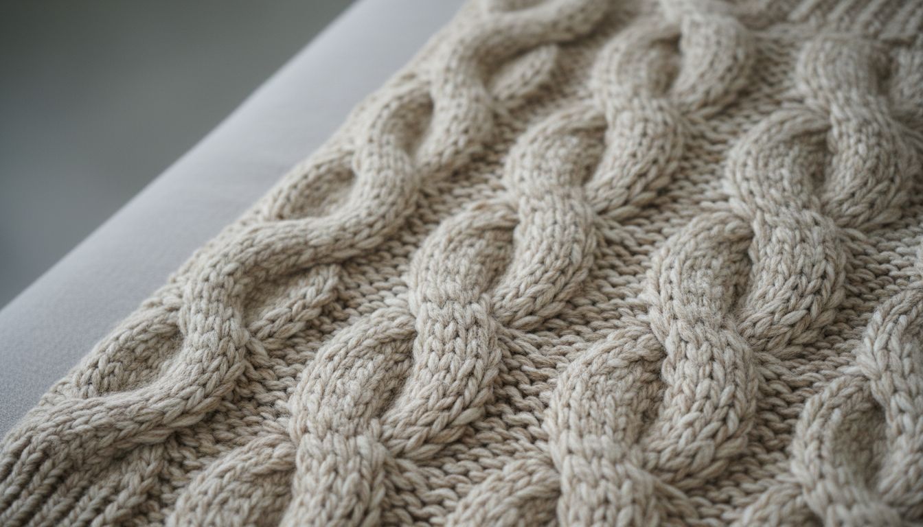 Крупный план гипертрофированного узора 'косы' на свитере из неокрашенной шерсти.