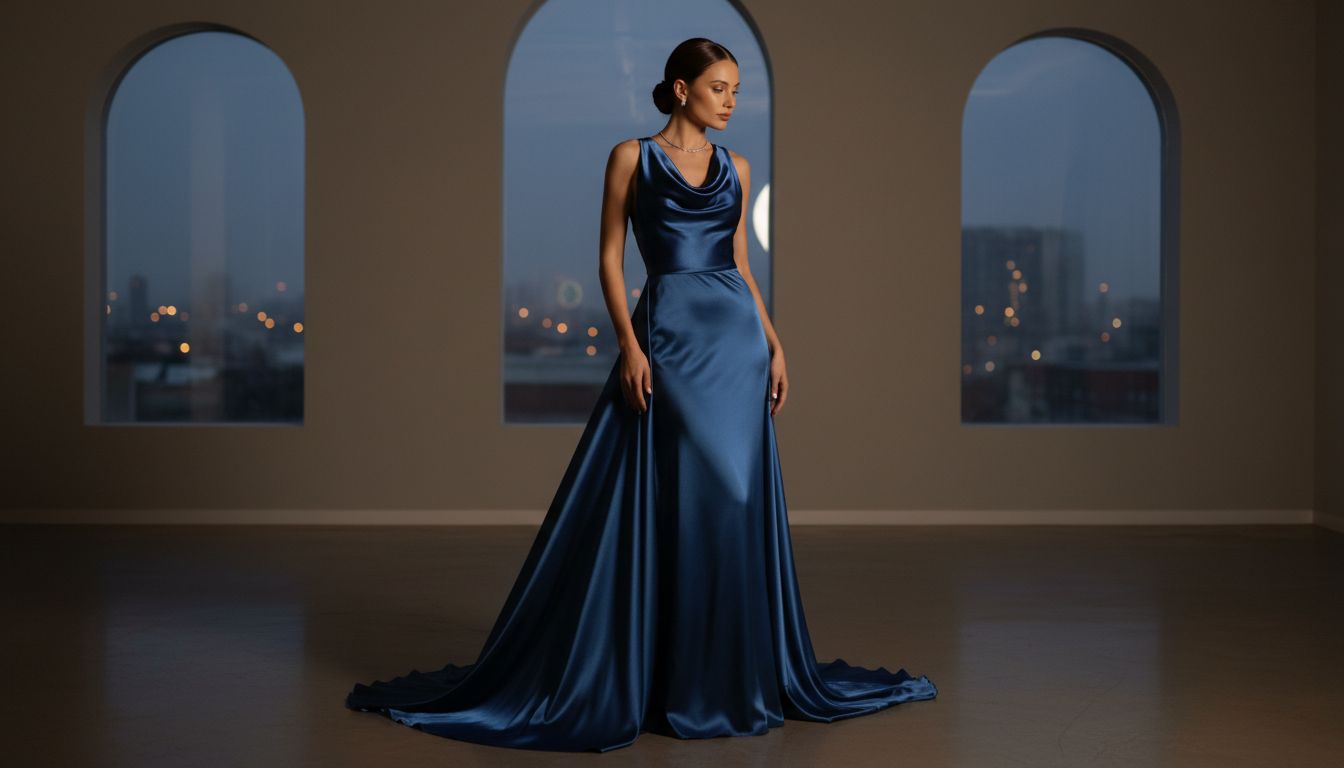 Вечернее платье в пол из струящегося атласа оттенка Deep Prussian Blue с архитектурным воротником-качели. Эффект 'жидкого' цвета.