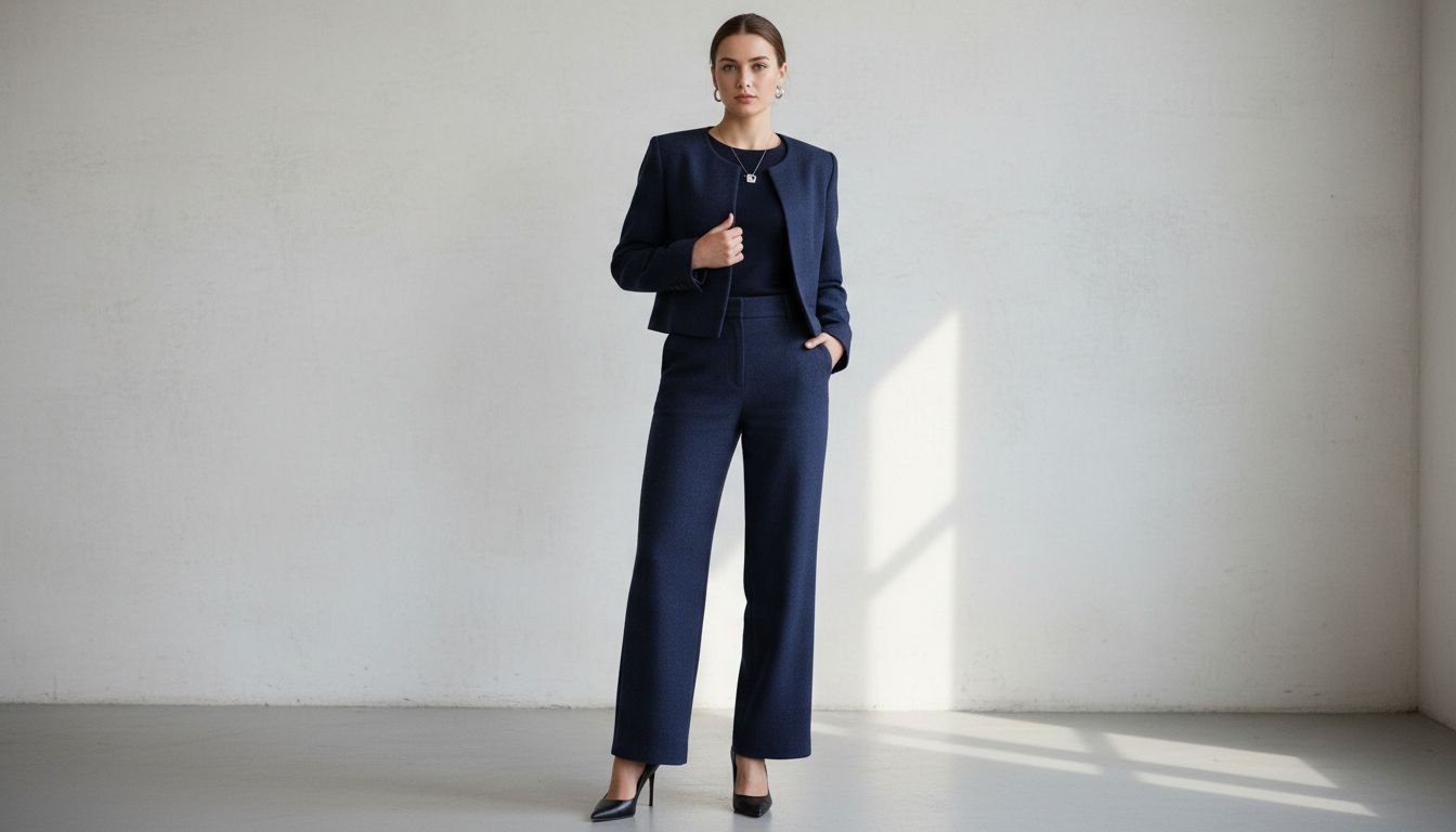 Комплект: широкие брюки из шерсти и укороченный жакет в оттенке Deep Prussian Blue, дополненные черными остроносыми туфлями.