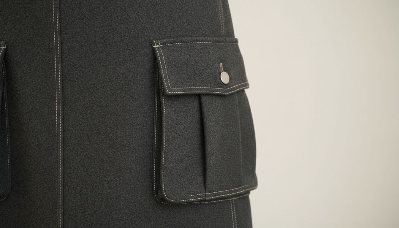 Детальный снимок накладного кармана карго на юбке из темно-серой шерсти, подчеркнутого контрастной строчкой.