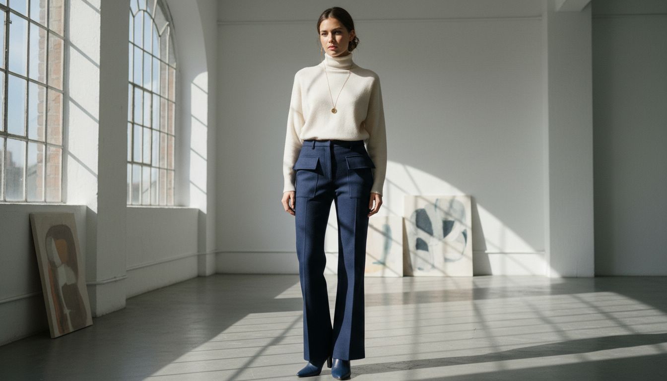 Женщина в широких брюках-клеш из темно-синей шерсти с двумя накладными карманами на голенях, сочетающимися с остроносыми ботильонами.