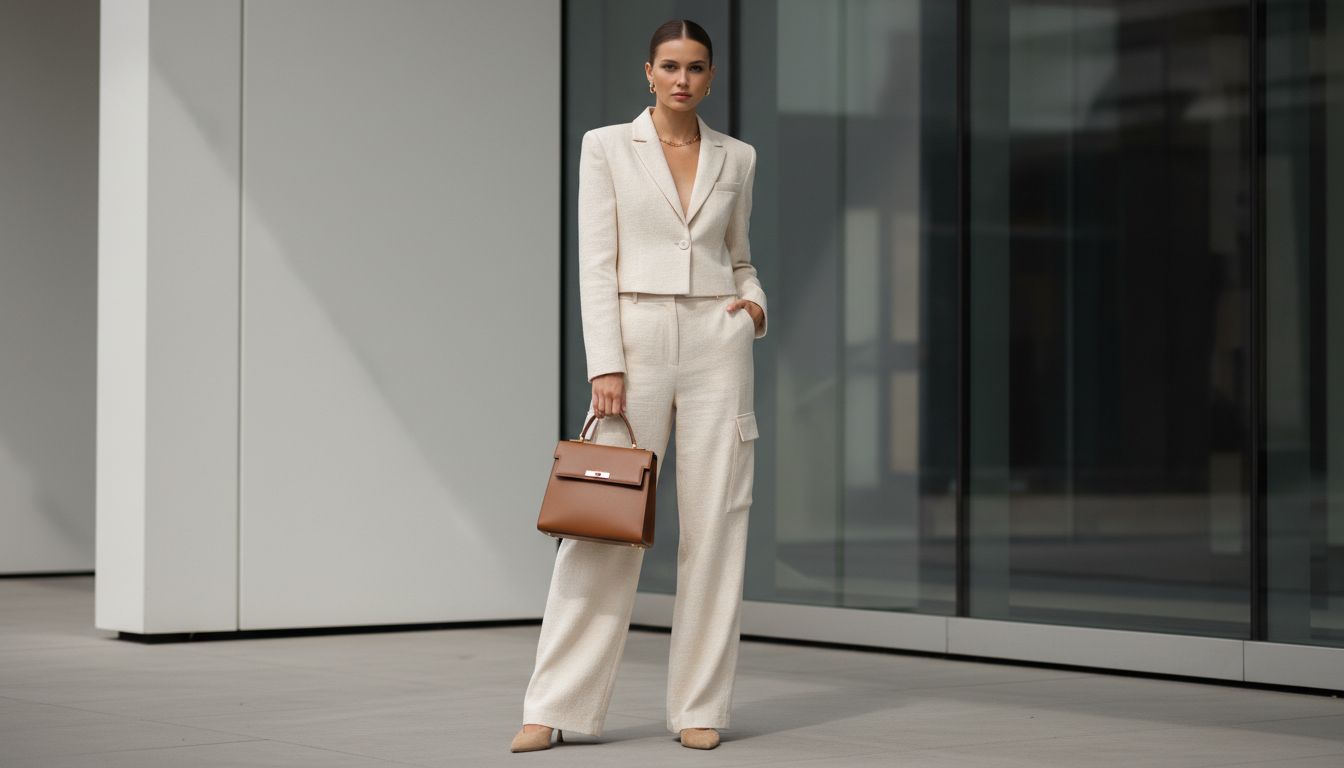 Модель в полный рост, демонстрирующая брюки-клеш с карго-карманами, стилизованные с укороченным жакетом и структурированной сумкой.