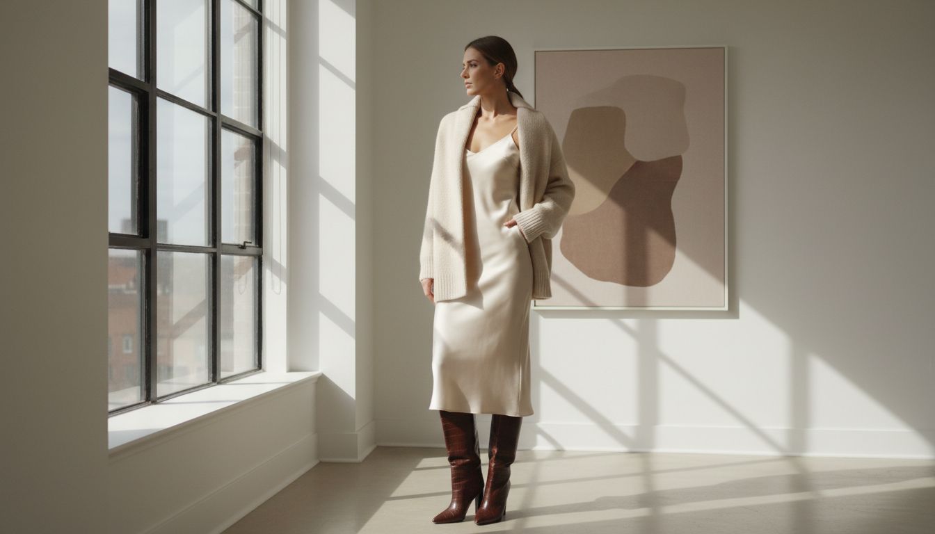 Образ: Шелковое платье-комбинация длины миди, накинутый сверху объемный кашемировый свитер и высокие сапоги под крокодила.