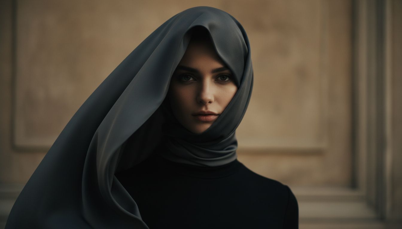 Стилизованный портрет модели, чей взгляд притягивает внимание из-под глубокой тени, создаваемой шелковым капюшоном.