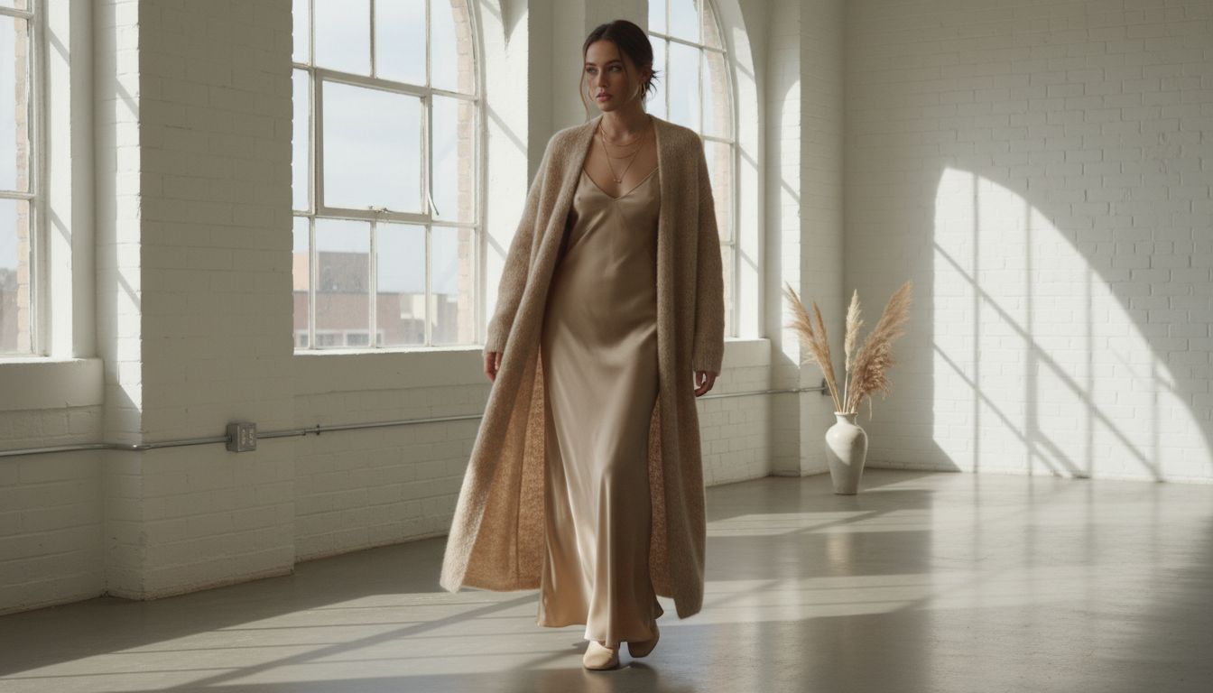 Образ в стиле монохром: длинный кардиган из ворсистой альпаки бежевого цвета, надетый поверх шелкового платья-комбинации в тон.