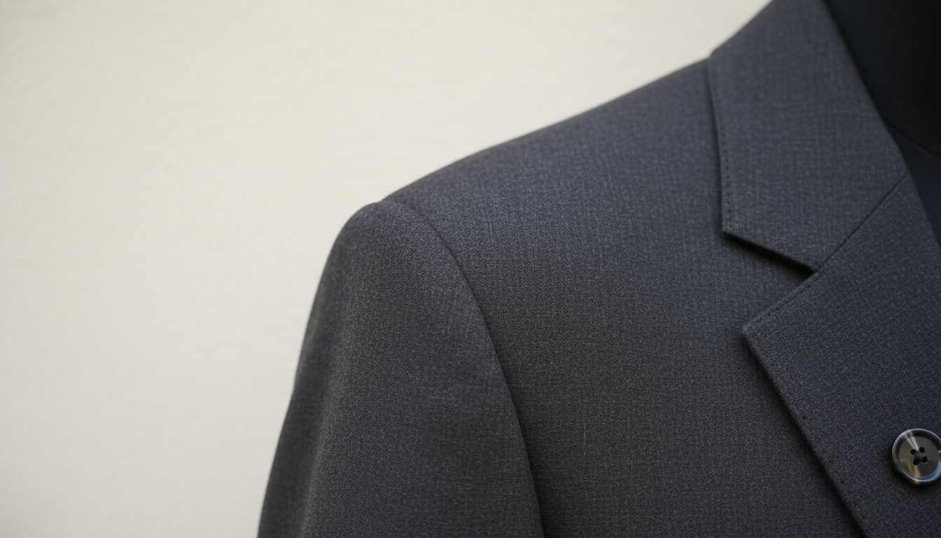 Детальный снимок плеча жакета, показывающий острый, четкий угол и плотность материала.