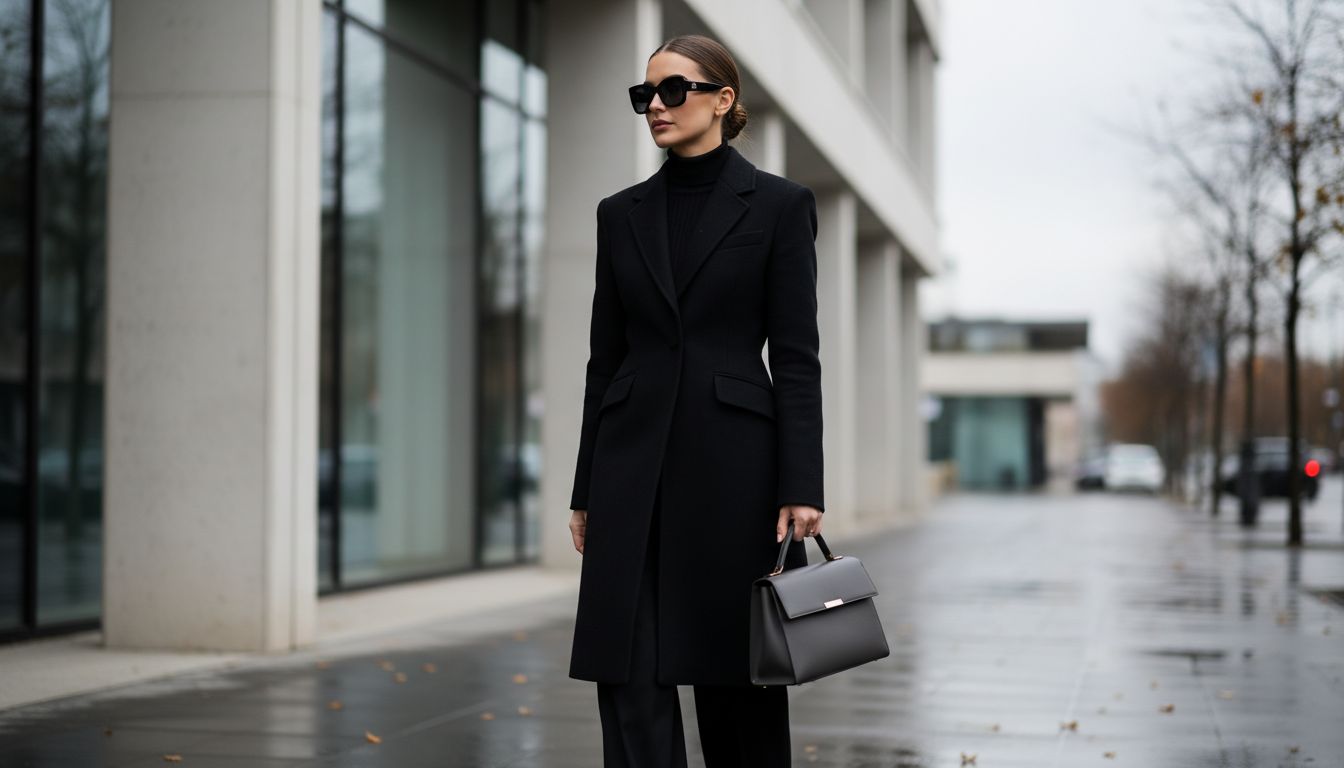 Женщина в черном шерстяном пальто с острыми плечами, держащая в руке структурированную сумку с короткой ручкой.