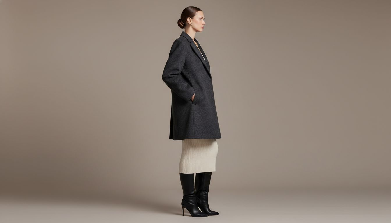 Модель в профиль, демонстрирующая идеальный баланс между широким плечом пальто и узкой юбкой-карандаш, с высокими сапогами.