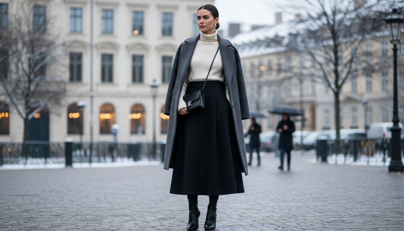 Модель в длинной черной юбке-миди из плотной шерсти и остроносых ботильонах, стоящая на фоне зимнего городского пейзажа.