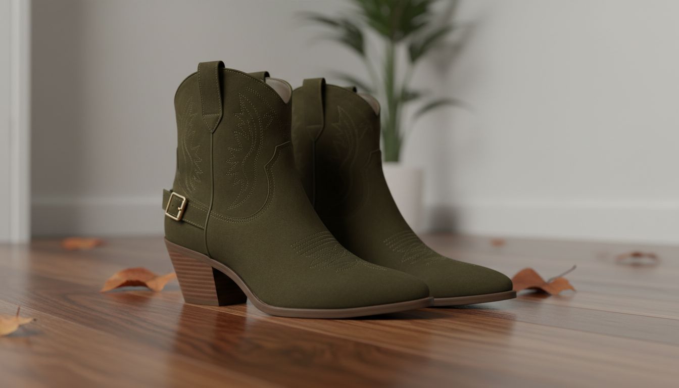 Детальный снимок вестерн-ботильонов из замши глубокого оливкового цвета, стоящих на паркете.