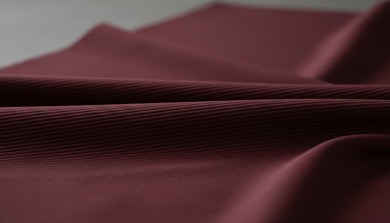 Крупный план на фактуру плотного фаиля цвета бургунди, демонстрирующий выраженный рубчик и жесткость.