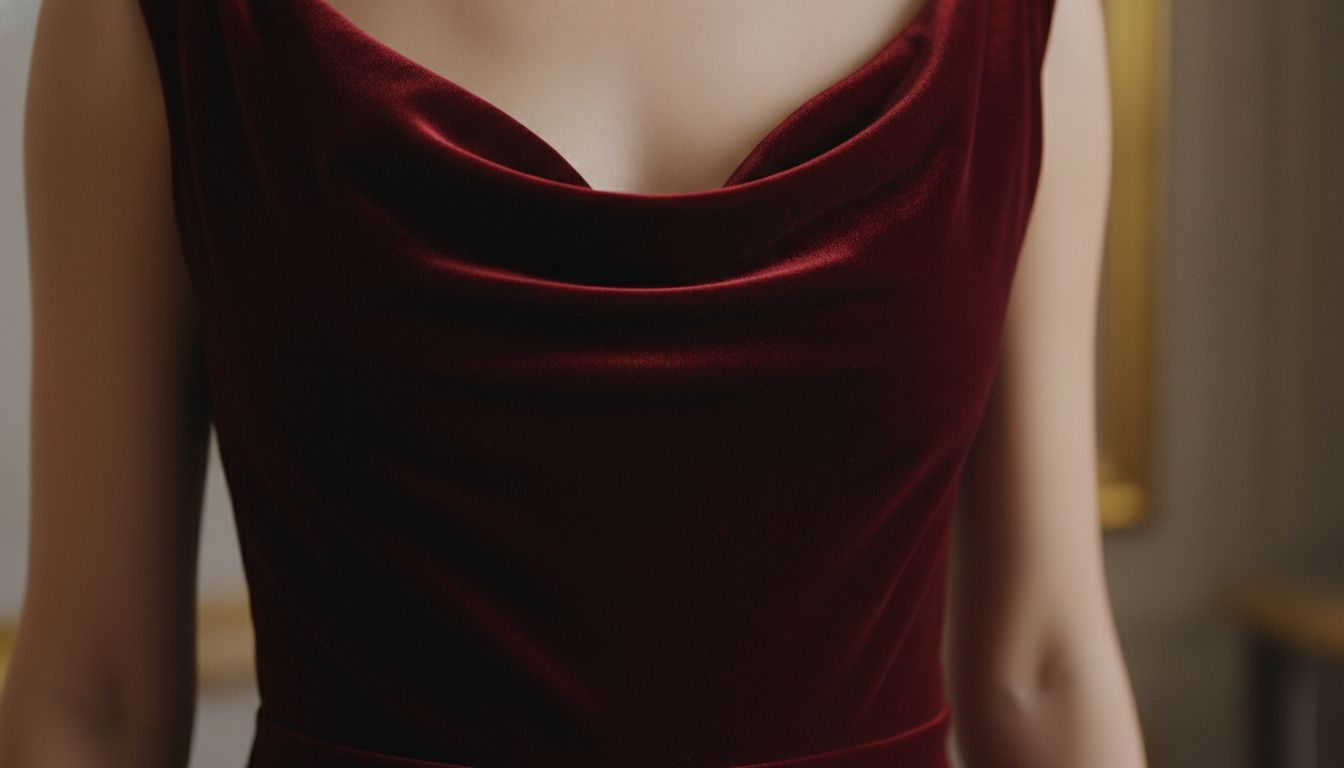 Крупный план винного бархатного платья с драпировкой на воротнике-качелях, демонстрирующий глубину цвета Black Cherry.