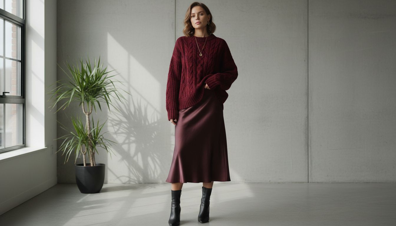 Модный образ, где объемный свитер крупной вязки оттенка Black Cherry сочетается со струящейся юбкой-миди из атласа.
