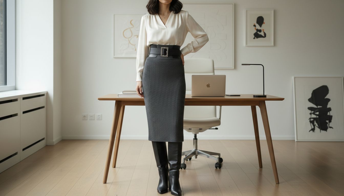 Женщина в офисной обстановке, сочетающая плотную трикотажную юбку-карандаш с кожаными высокими сапогами и структурным ремнем поверх тонкой блузки.
