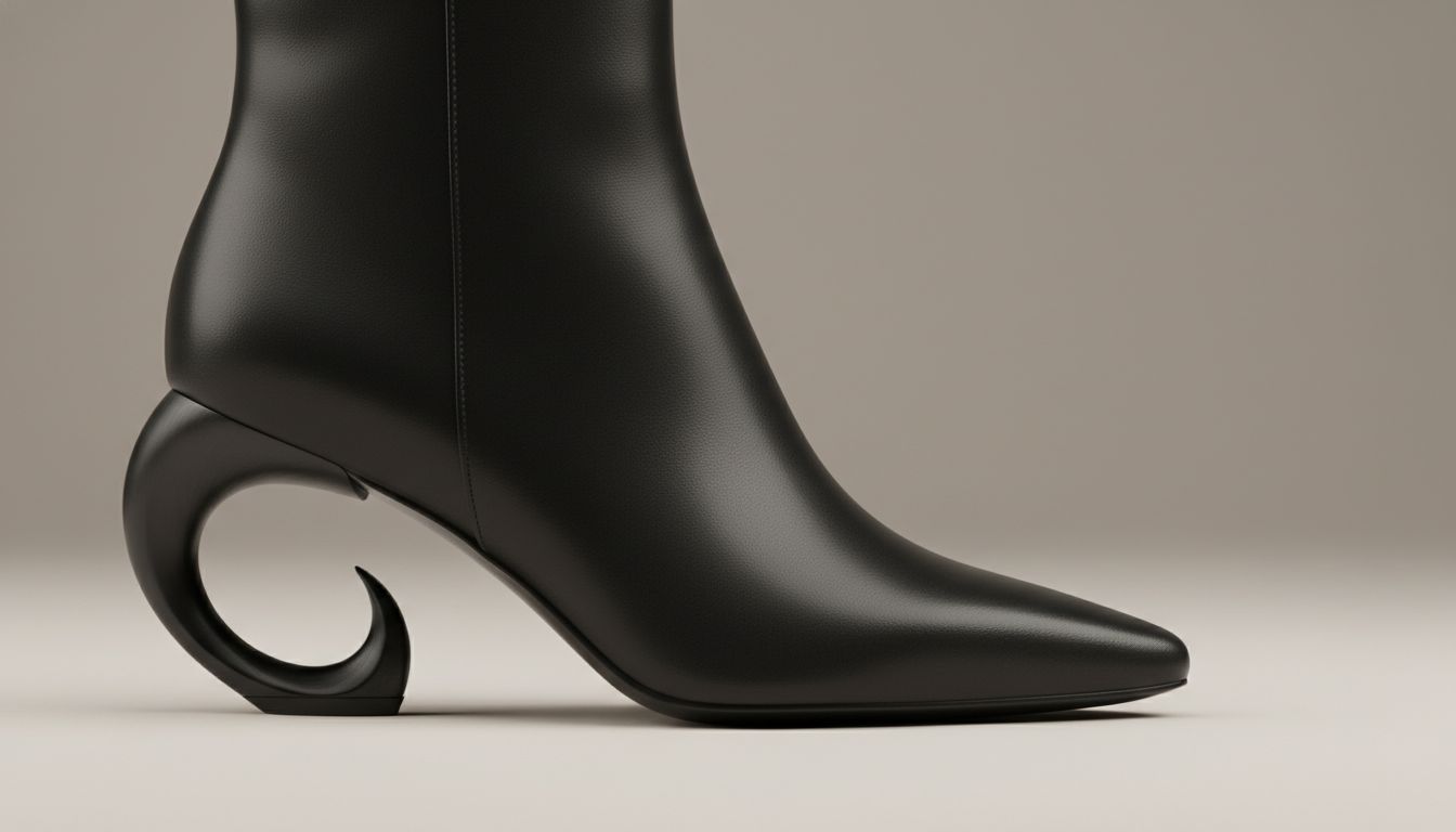 Крупный план ботильона с изогнутым каблуком-запятой, выполненным из матового черного металла.