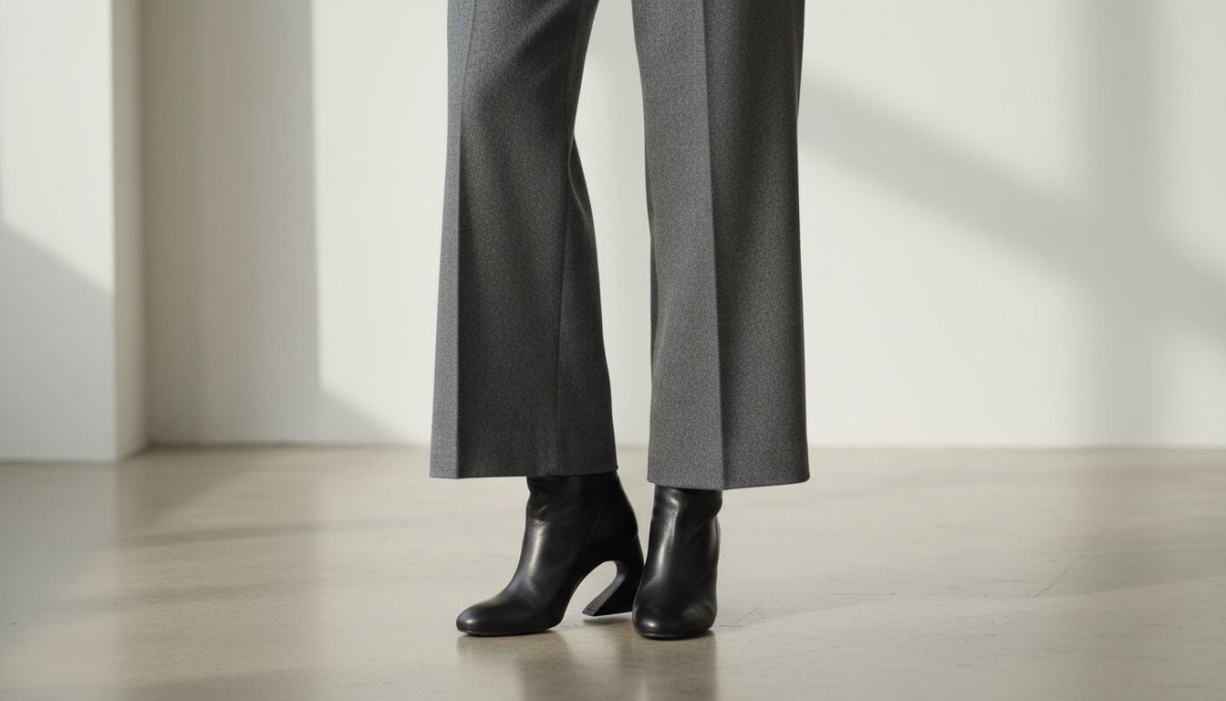 Модель в строгих широких брюках, демонстрирующая ботильоны с каблуком-запятой, видны только носки обуви и нижняя часть брюк.