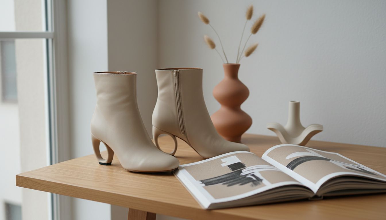 Стилизованный натюрморт: ботильоны с каблуком-запятой, лежащие рядом с журналом по искусству и скульптурным украшением.