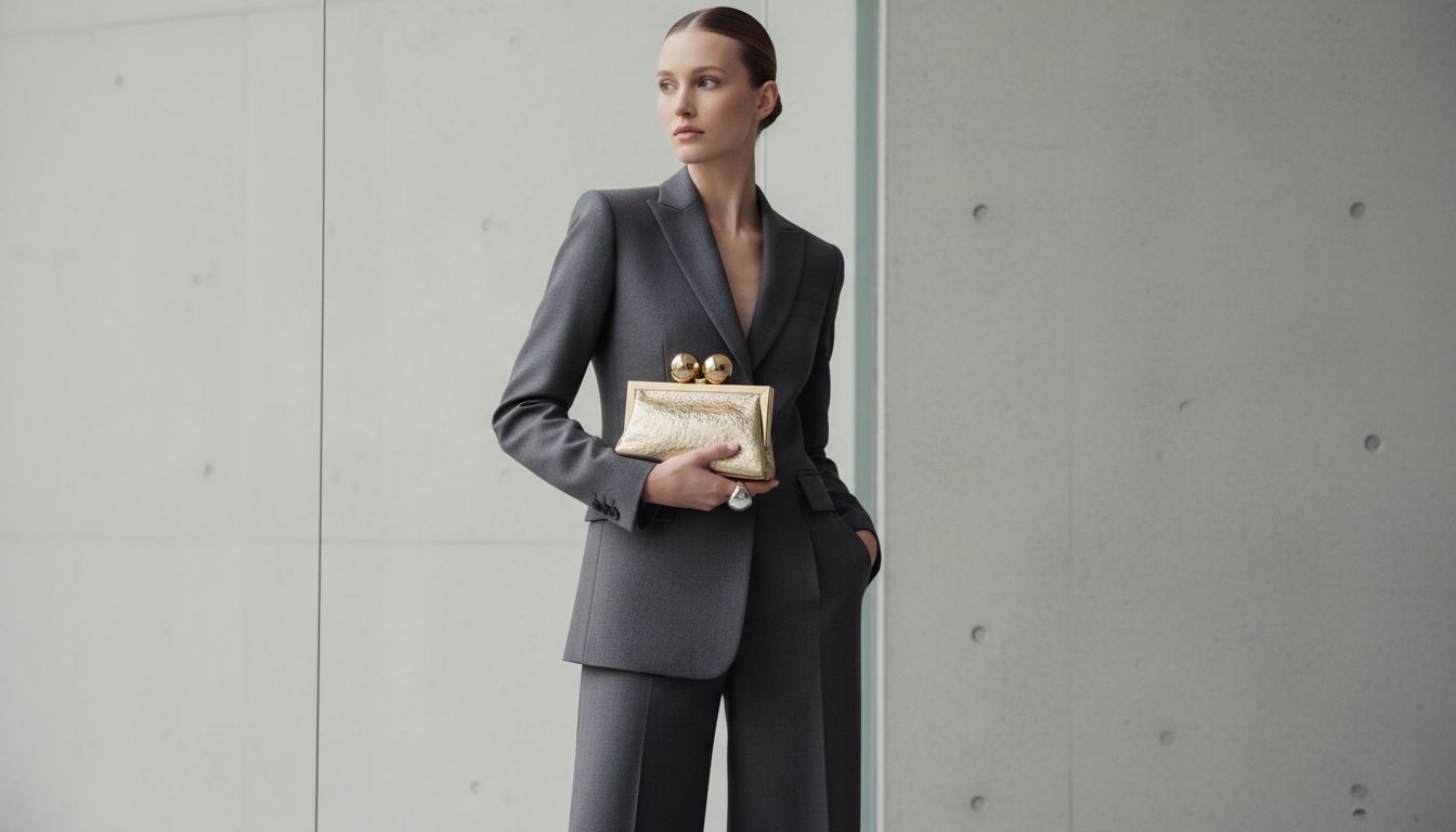 Модель, держащая в руке небольшую сумку-минодьер из металлизированной кожи с крупным замком-поцелуем, в сочетании со строгим брючным костюмом.