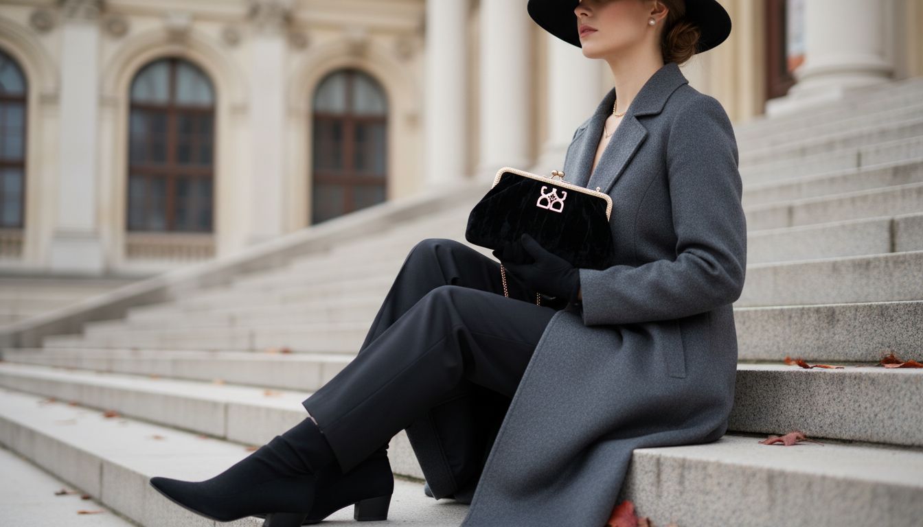 Элегантная женщина, сидящая на ступеньках, демонстрирующая черный бархатный клатч с винтажным замком-поцелуем, сочетая его с длинным шерстяным пальто.